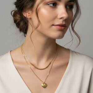 Gold Layered Heart Pendant Necklace Beaded Chain Dainty Fashion Jewelry Gift